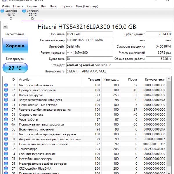 Жесткий диск Hitachi HTS543216L9A300 160Gb (RXA)