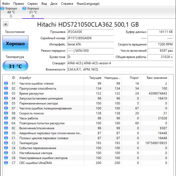 Жесткий диск Hitachi HDS721050CLA362 500Гб (E0K)