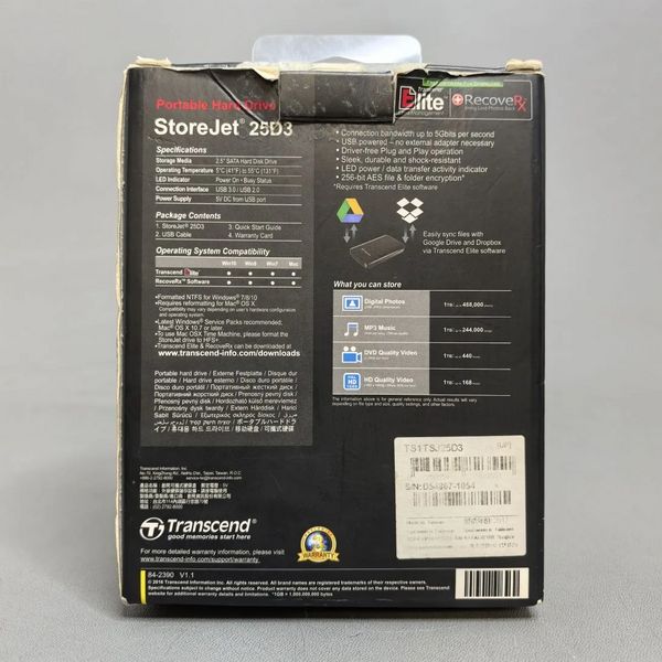 Внешний жесткий диск Transcend Storejet 25d3 1TB