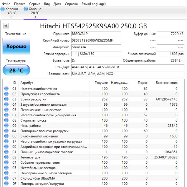 Жесткий диск Hitachi HTS542525K9SA00 250Gb (5MF)