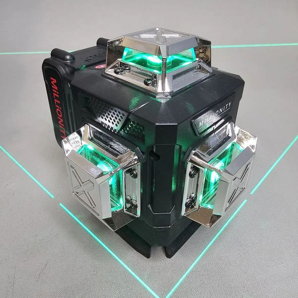Лазерный уровень Millionity 4D 360°, Профессиональный нивелир, 16 линий, зеленый луч, с аксессуарами в кейсе.